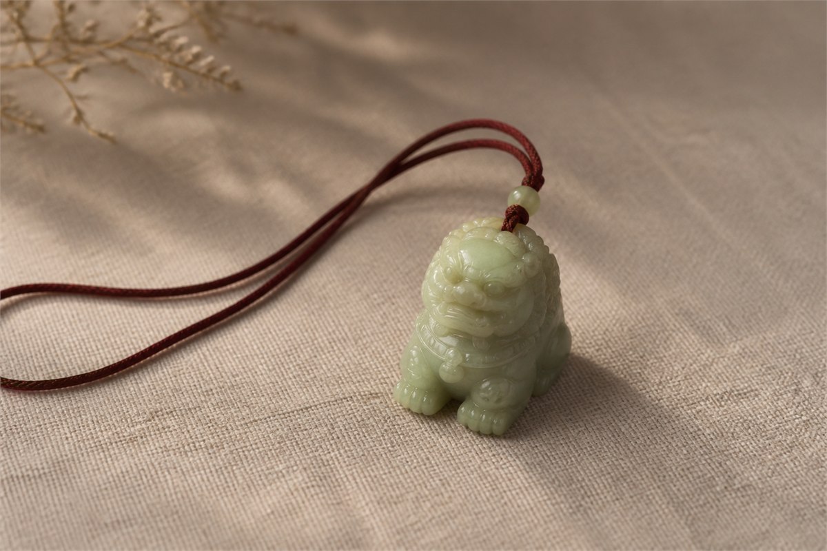Pale celadon jade guardian lion pendant on natural linen with a dark red cord