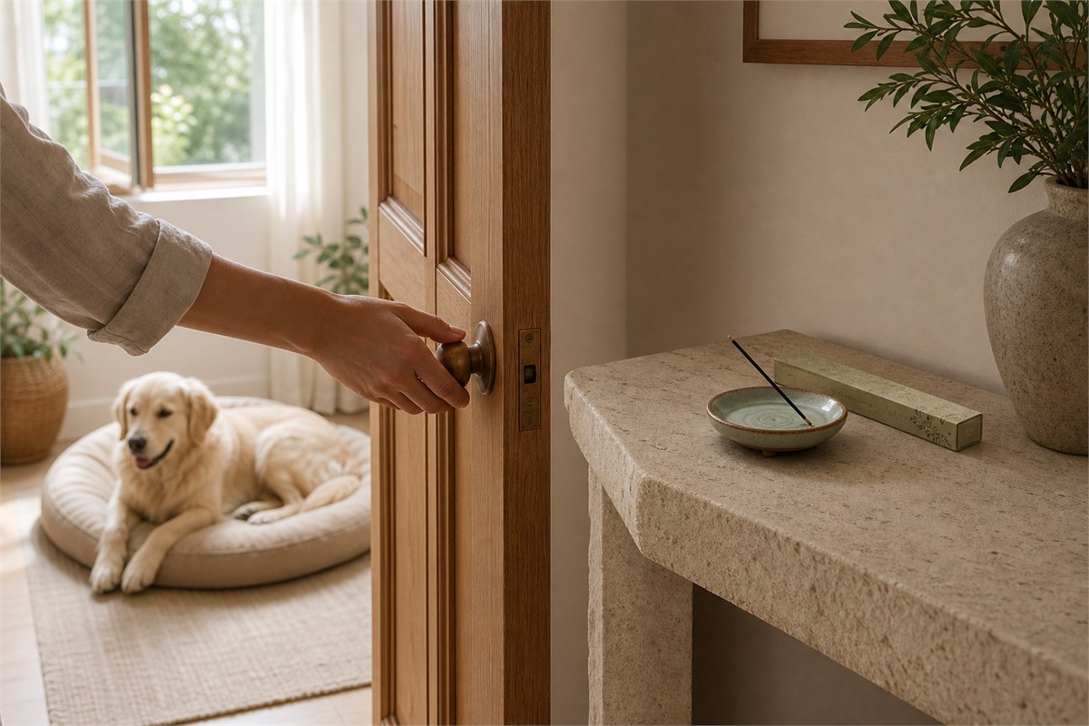 Dog resting in a separate room while unlit incense and a holder remain beyond a closing door