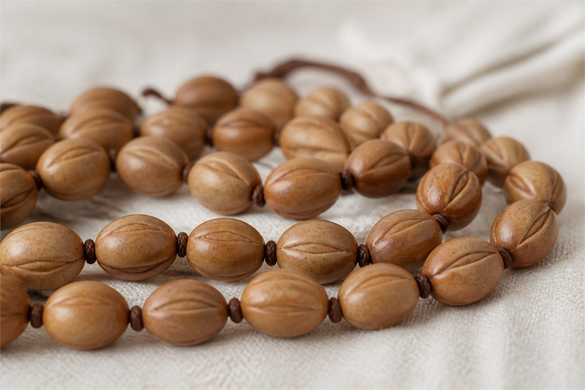 Warm brown phoenix-eye Bodhi beads with natural eye-shaped seams