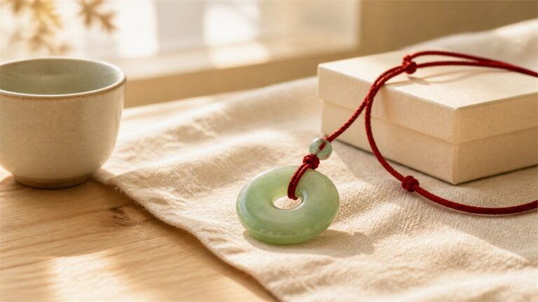 Jade peace buckle pendant on red cord beside a cream gift box and ceramic cup