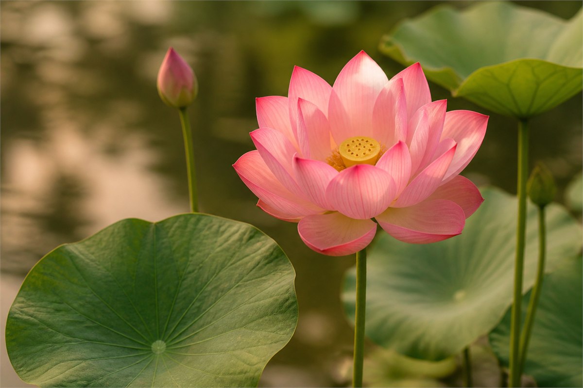 Blush-pink sacred lotus with a bud and round leaves in warm natural light
