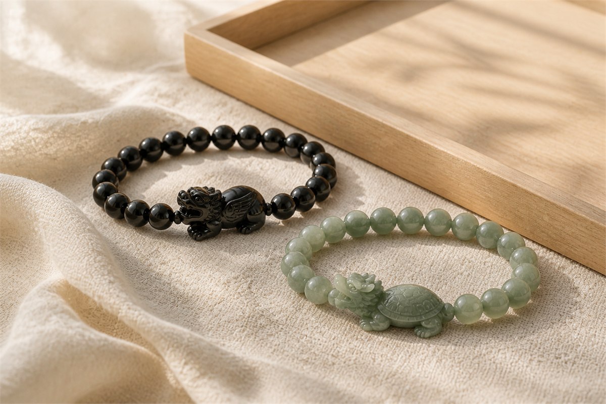 Black obsidian Pixiu bracelet beside a pale green Dragon Turtle bracelet on ivory linen