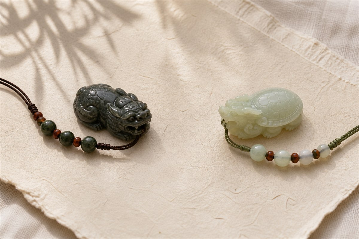 Dark Pixiu carving and pale green Dragon Turtle carving displayed separately with bracelet cords
