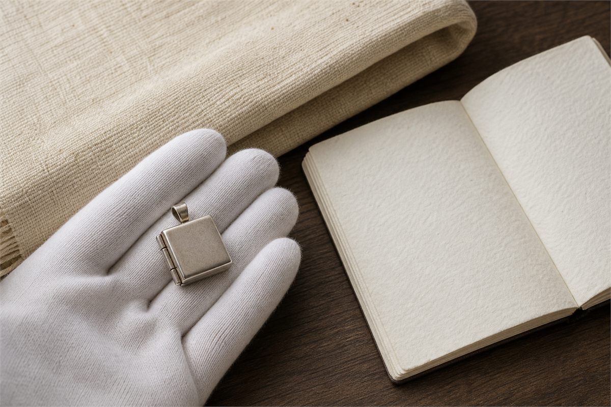 Gloved hand holding a closed plain box pendant beside blank handmade paper and neutral textile