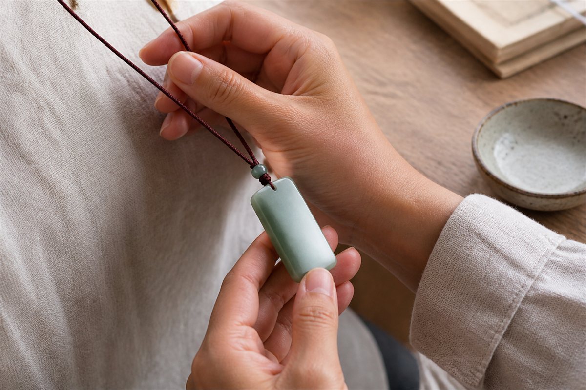 Hands holding a plain rectangular pendant on a secure dark cord