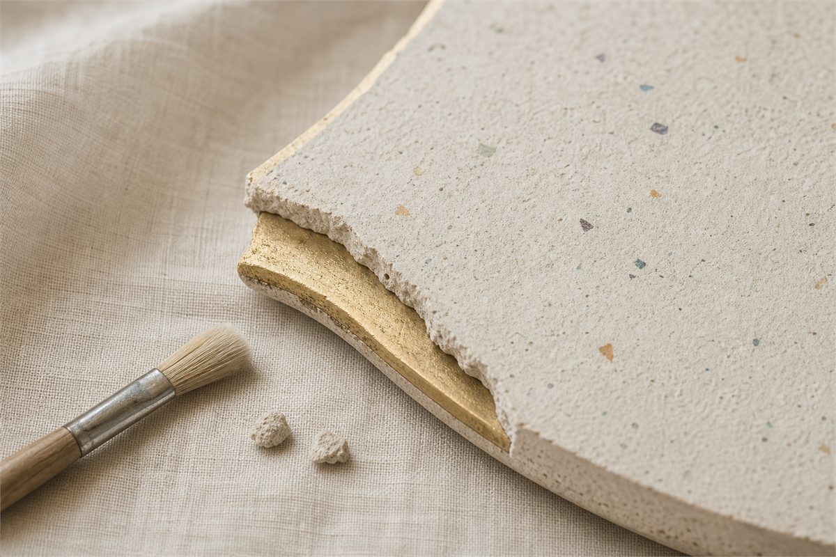 Aged plaster surface opening to reveal a muted gold layer