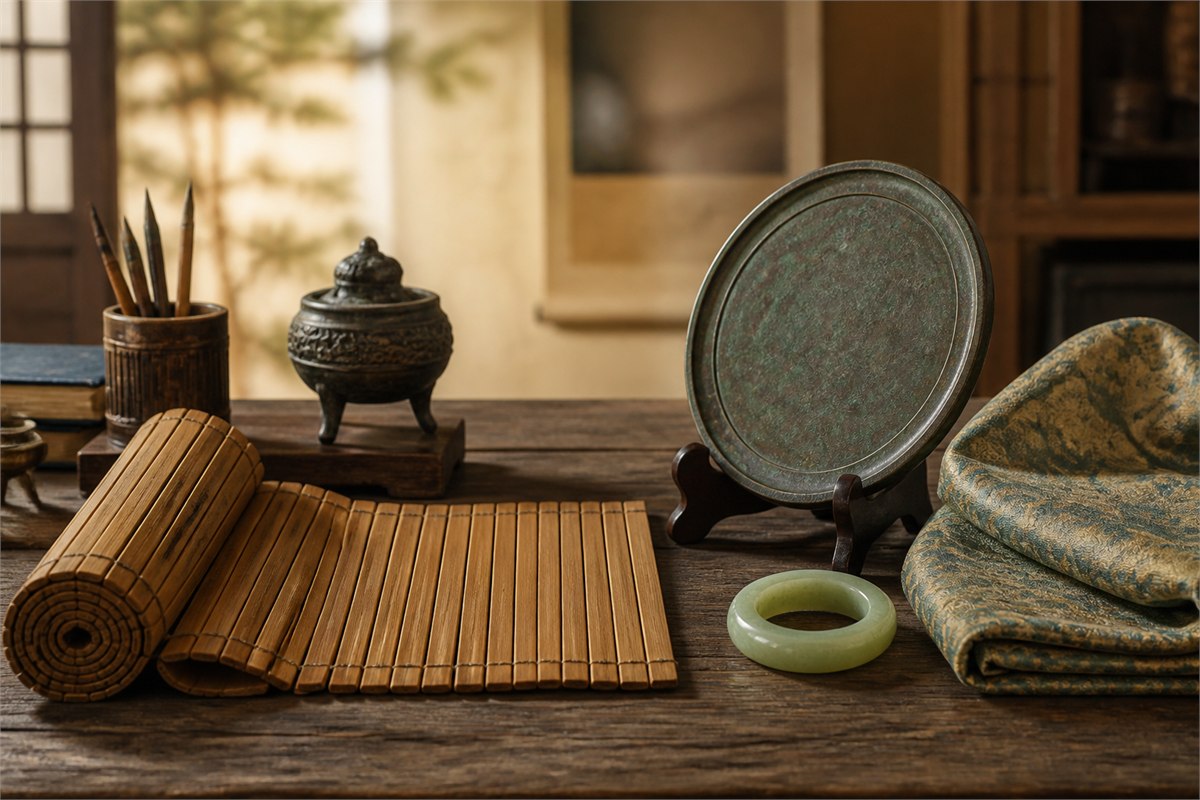 Blank bamboo slips, uninscribed bronze mirror, patterned silk, and jade ring on a historical-inspired table