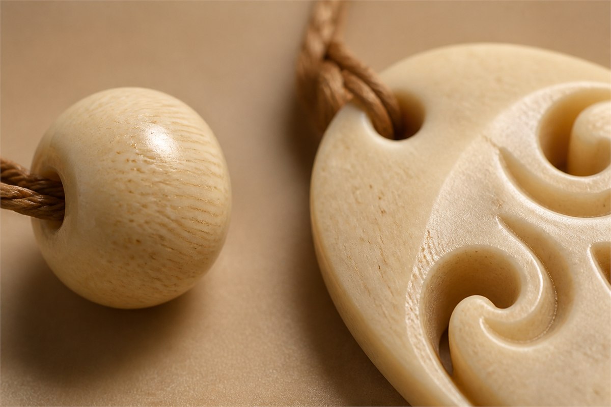 Macro photograph of a polished pale bone bead showing tiny pits and gentle color variation