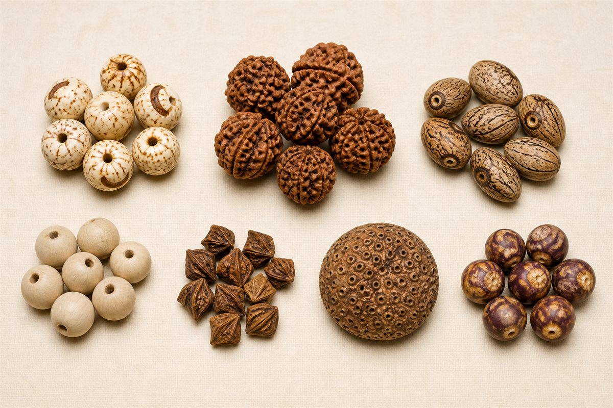 Seven groups of different natural Bodhi bead materials arranged on warm ivory paper