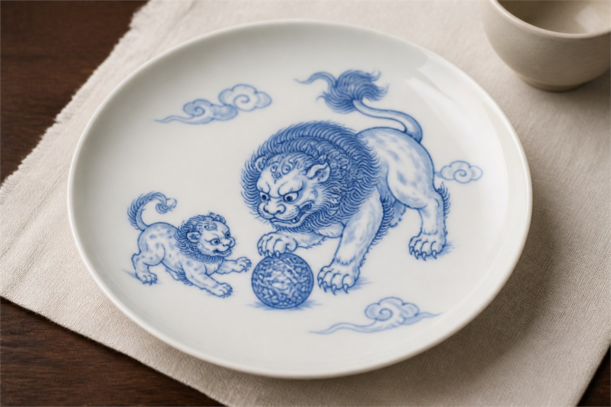 Blue and white porcelain plate painted with one large lion, one smaller cub, and a brocade ball