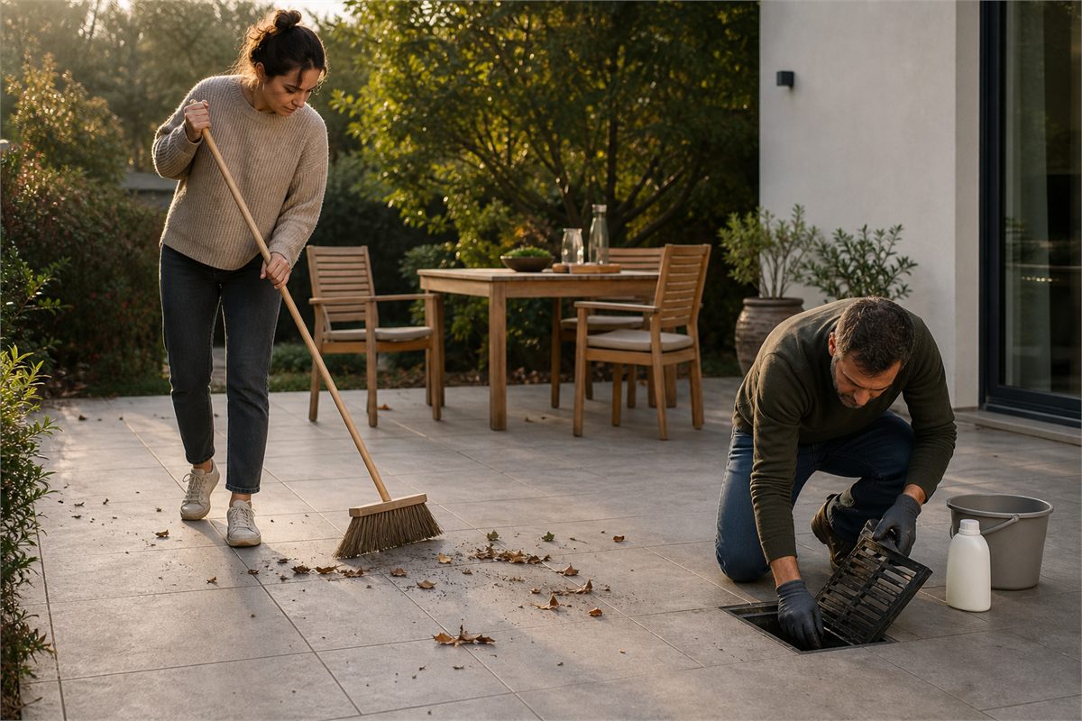Two people sweeping an outdoor porcelain patio and clearing a removable drain grate