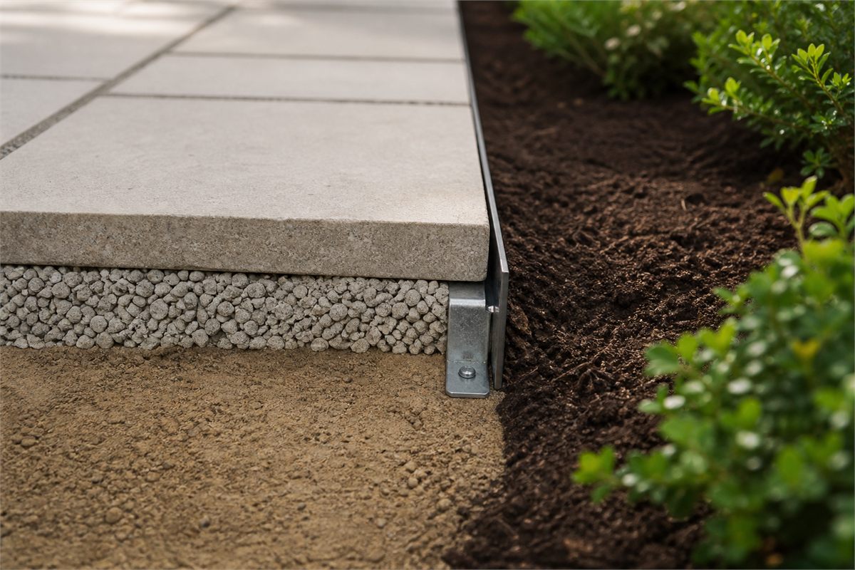 Metal edge restraint holding porcelain pavers and bedding aggregate beside a planting bed