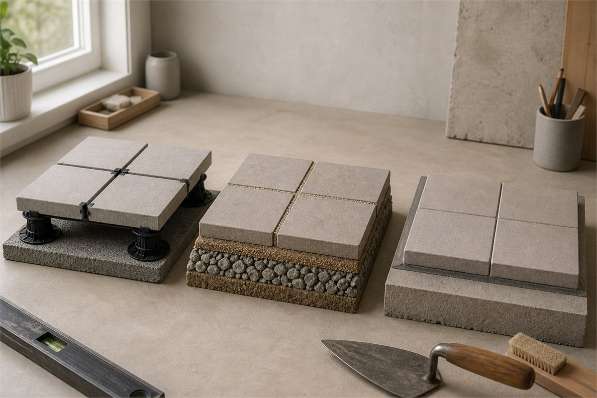 Pedestal, aggregate-base, and bonded porcelain paver joint mock-ups