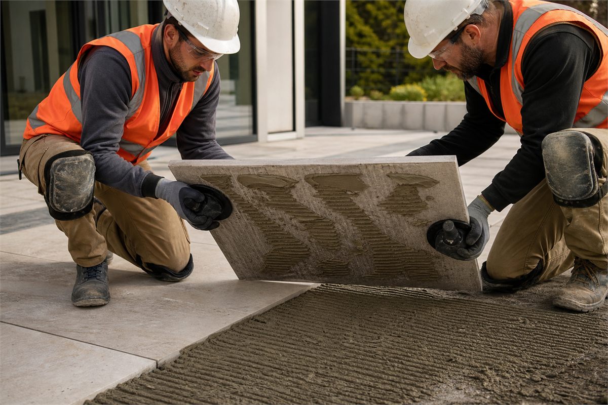 Two installers lifting a porcelain paver with suction handles to inspect mortar transfer