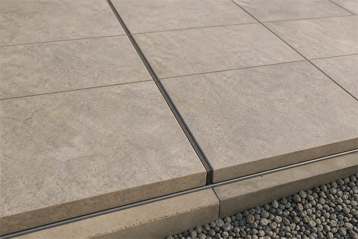 Regular porcelain paver joints beside a wider resilient movement joint at the perimeter