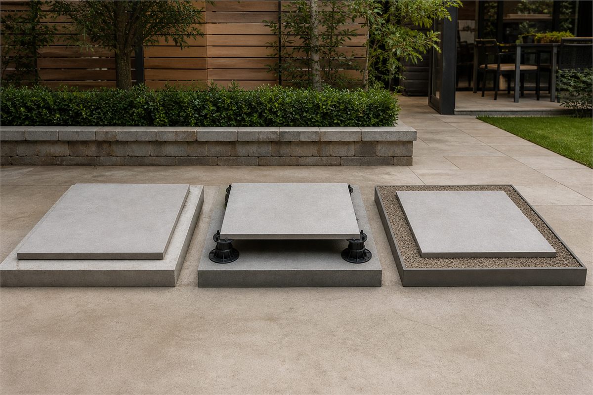 Three outdoor porcelain paver mock-ups on a bonded slab, pedestals and compacted aggregate