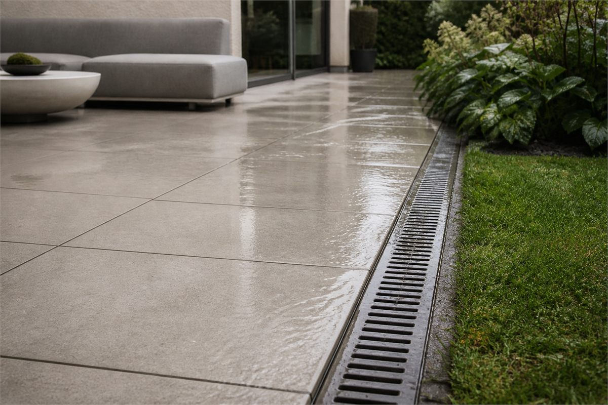 Rainwater moving across outdoor porcelain pavers toward a linear garden drain
