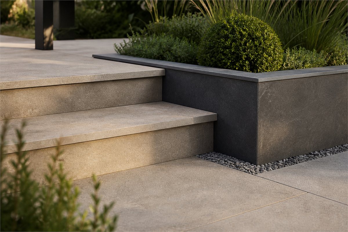 Thick porcelain step treads and a dark porcelain planter cap with finished exposed edges