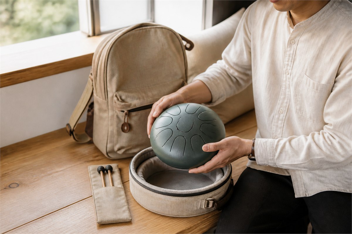 Adult traveler lifting a compact steel tongue drum from a fitted fabric case