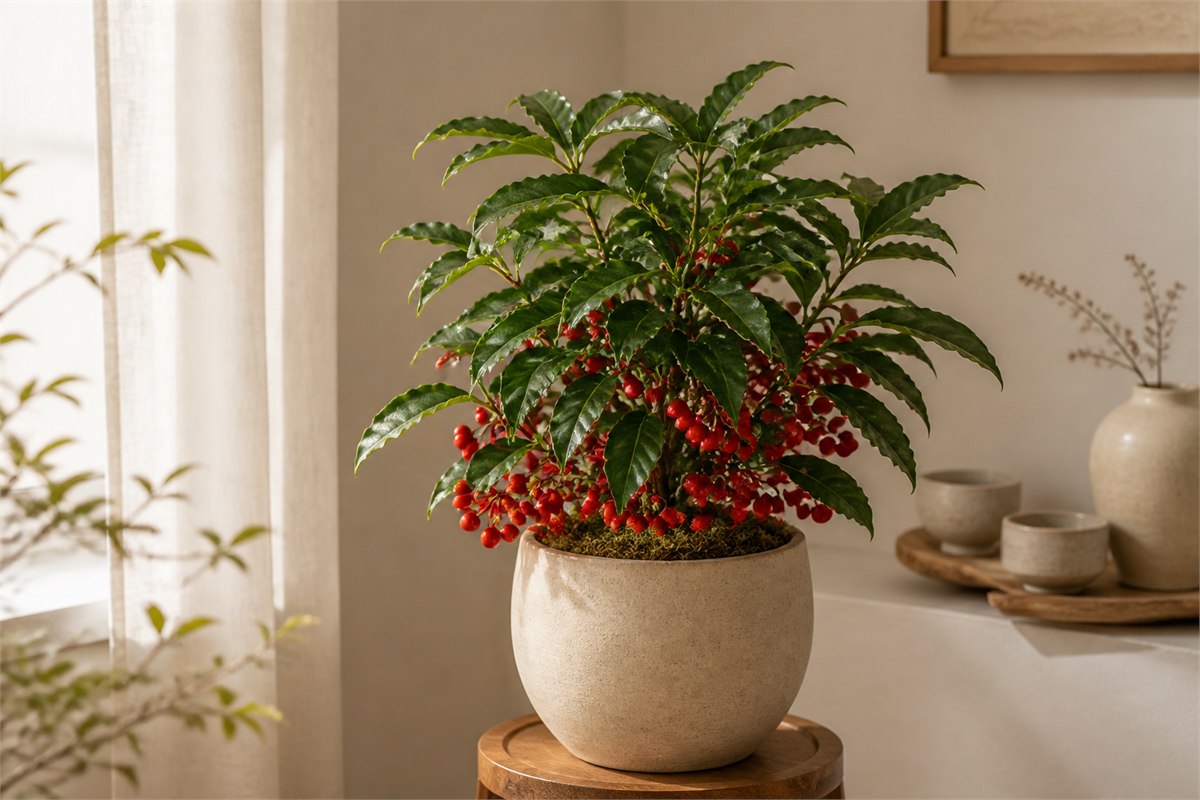 Potted Ardisia crenata with glossy evergreen leaves and red berries near a softly lit window