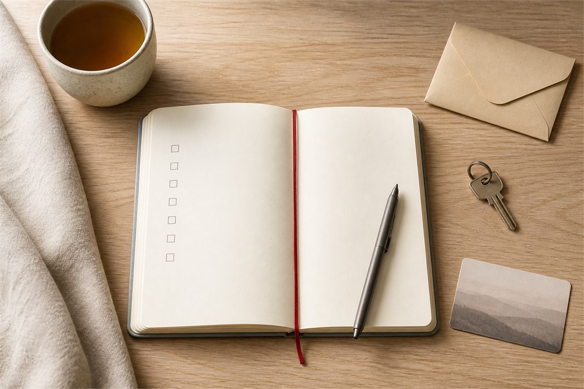 Blank notebook with seven empty check boxes, pen, envelope, key, travel card, tea, and red bookmark