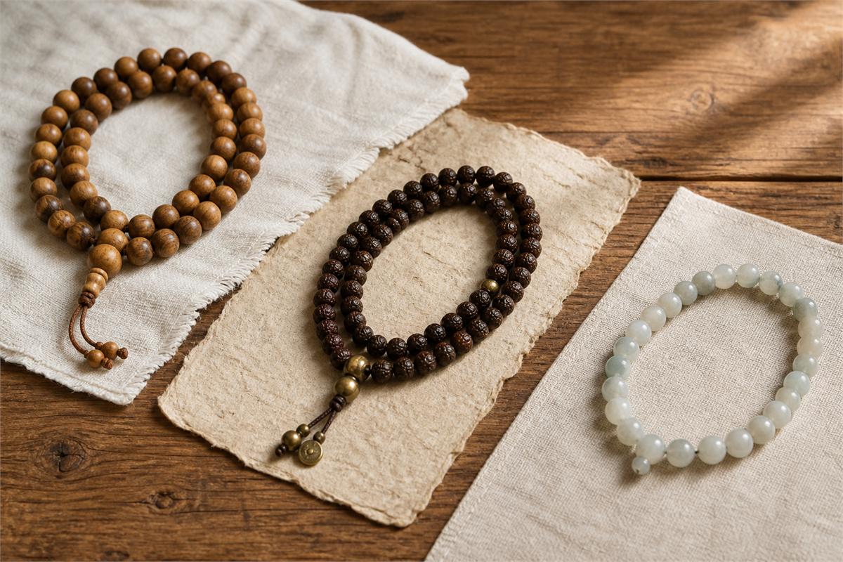 Three separate wooden, seed, and pale stone prayer bead strands arranged on warm neutral textiles