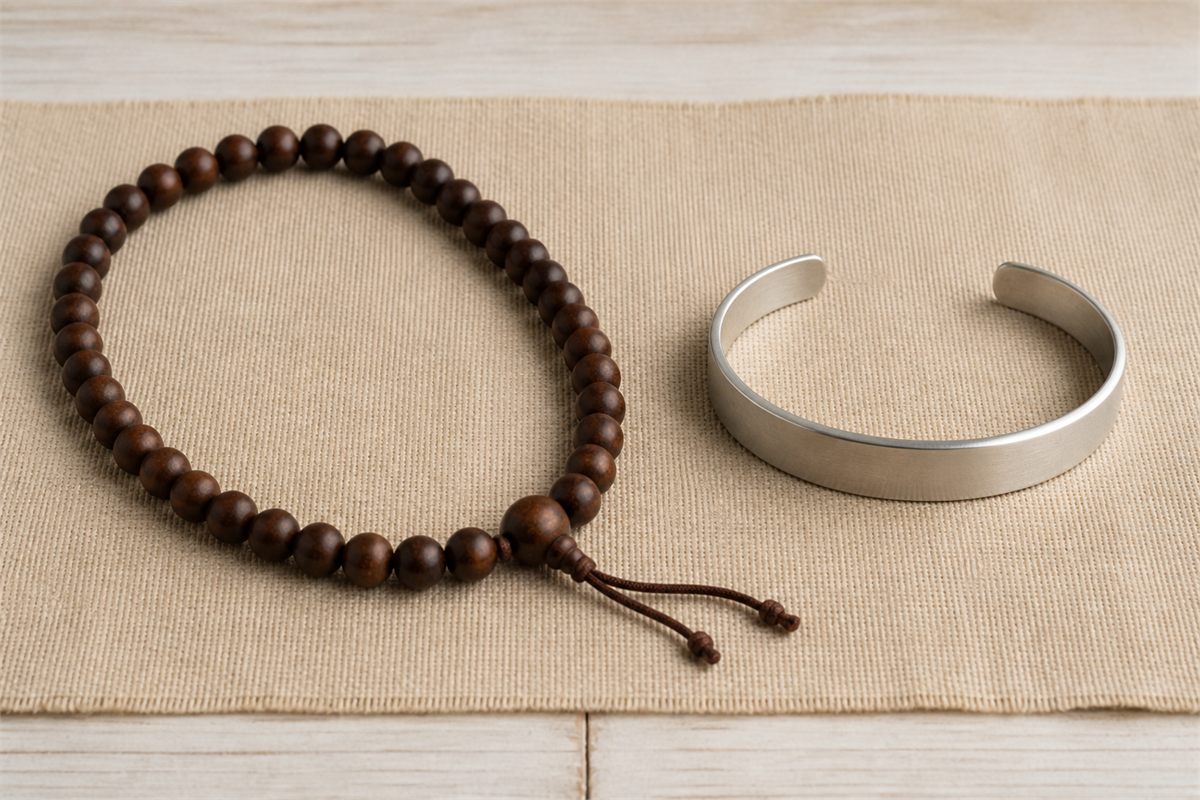 Long dark wooden bead strand beside a separate blank brushed-silver cuff
