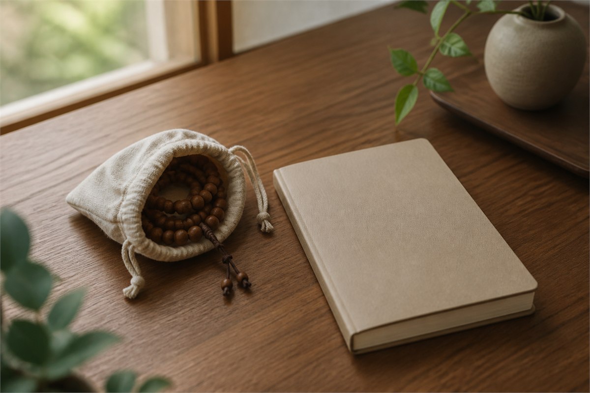 Wooden prayer beads placed safely in a small cloth pouch beside a closed notebook