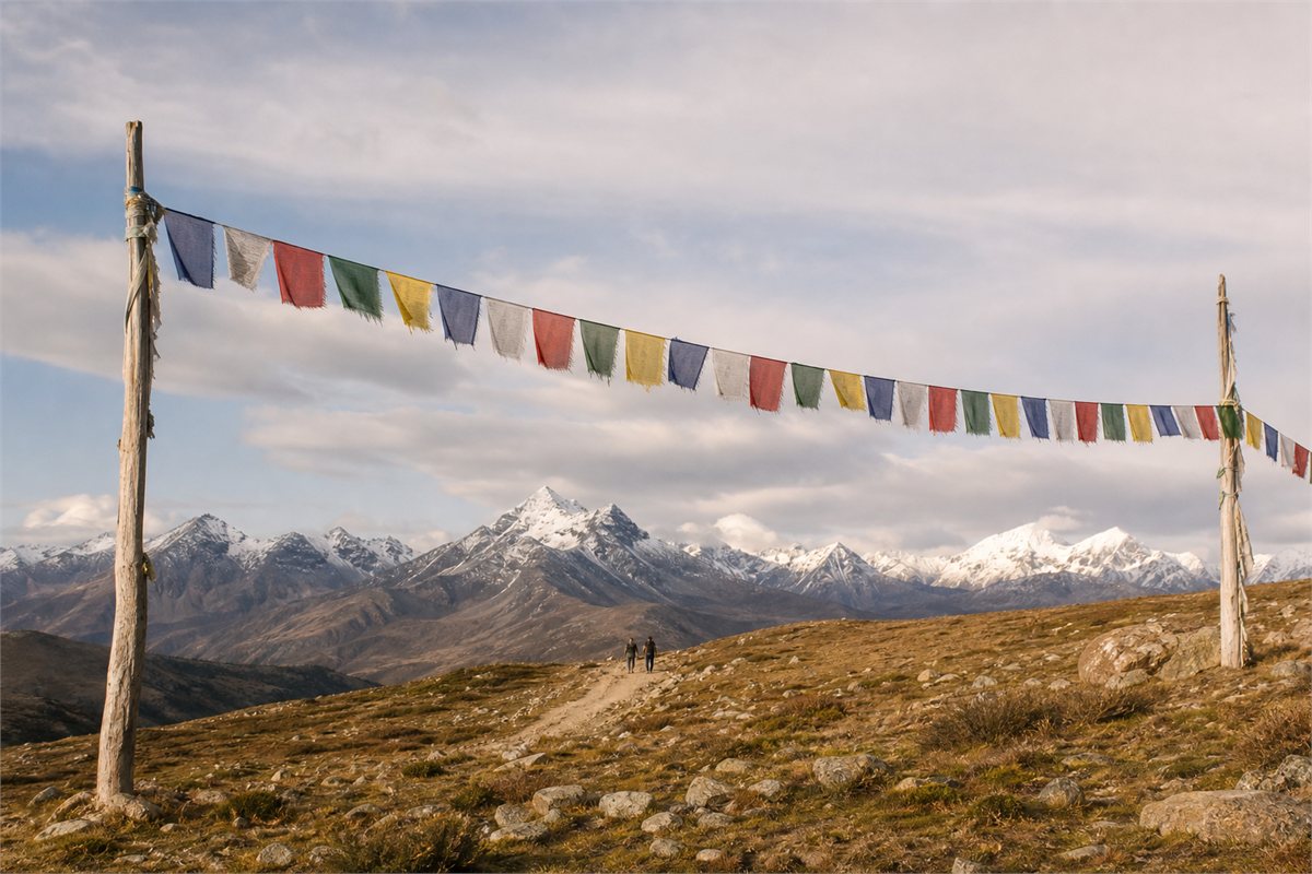 Weathered five-color prayer flags secured between wooden poles above a Himalayan mountain path