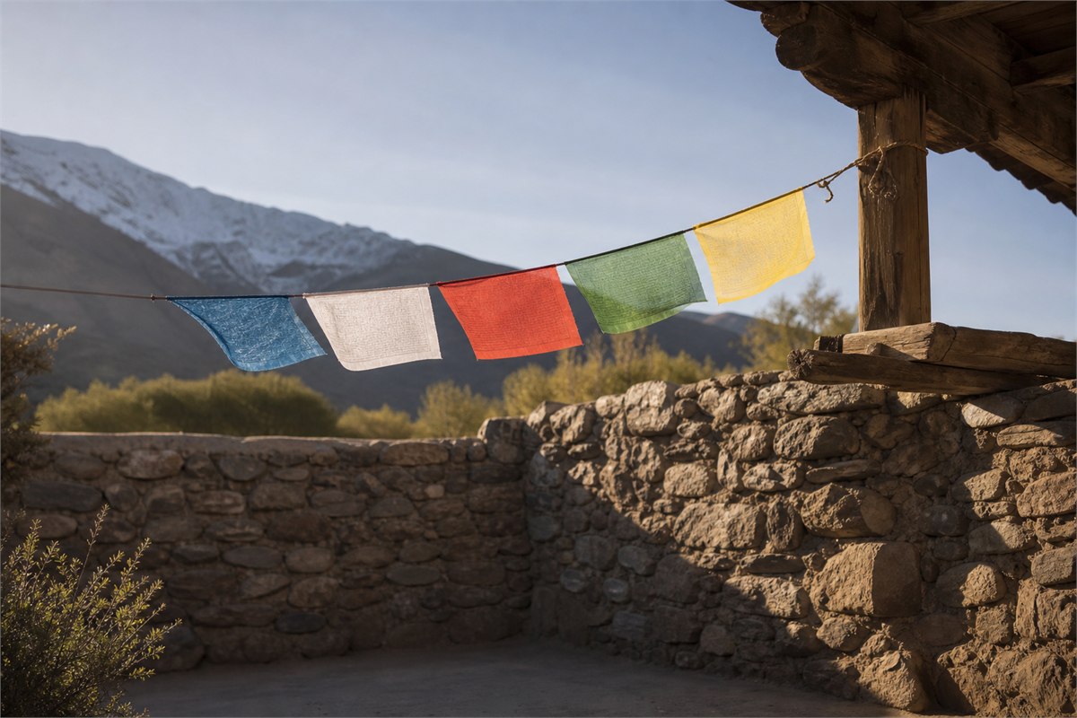 Five natural-fiber prayer flags mounted high above a clean stone courtyard