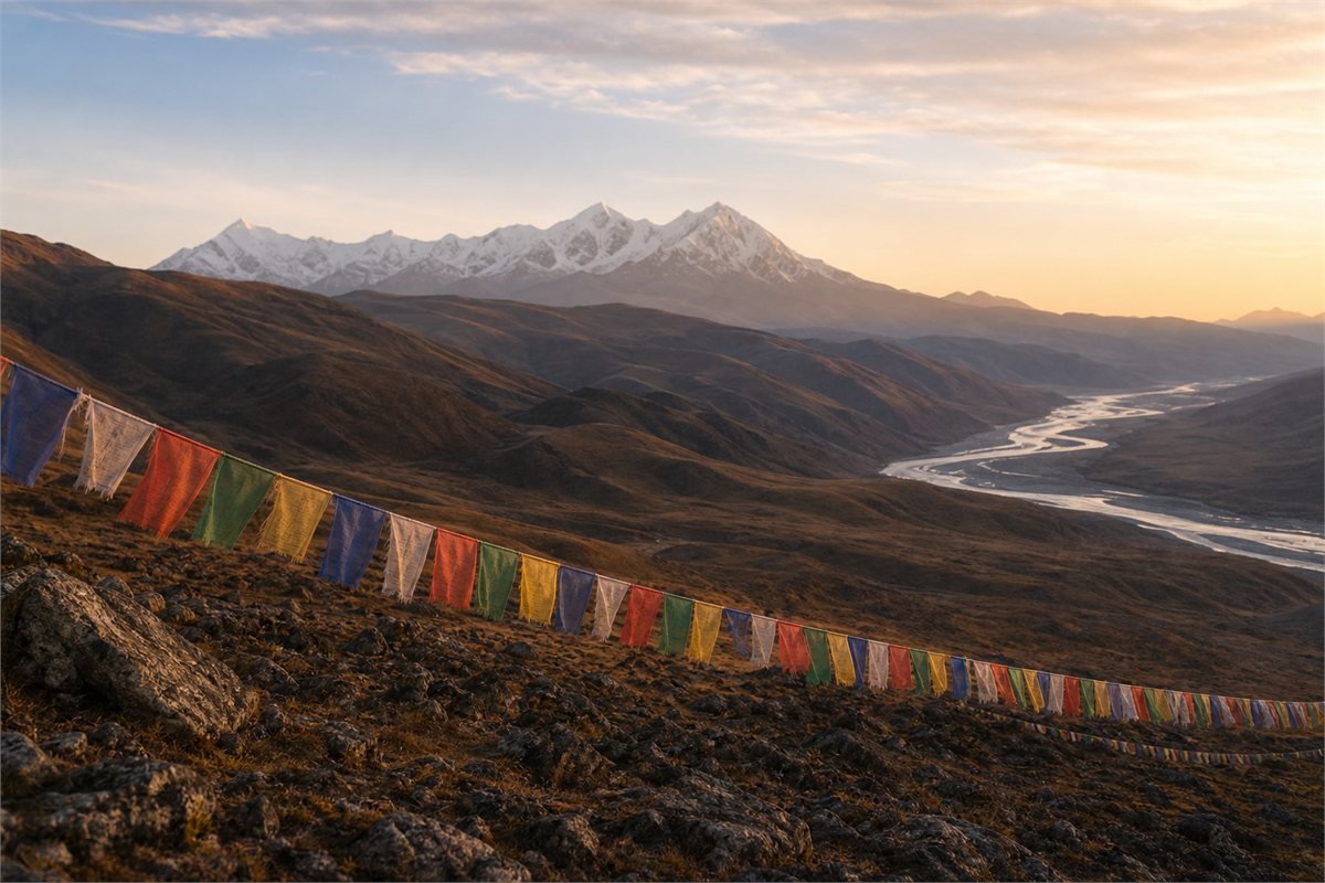 A long line of five-color prayer flags crossing a highland valley at sunset