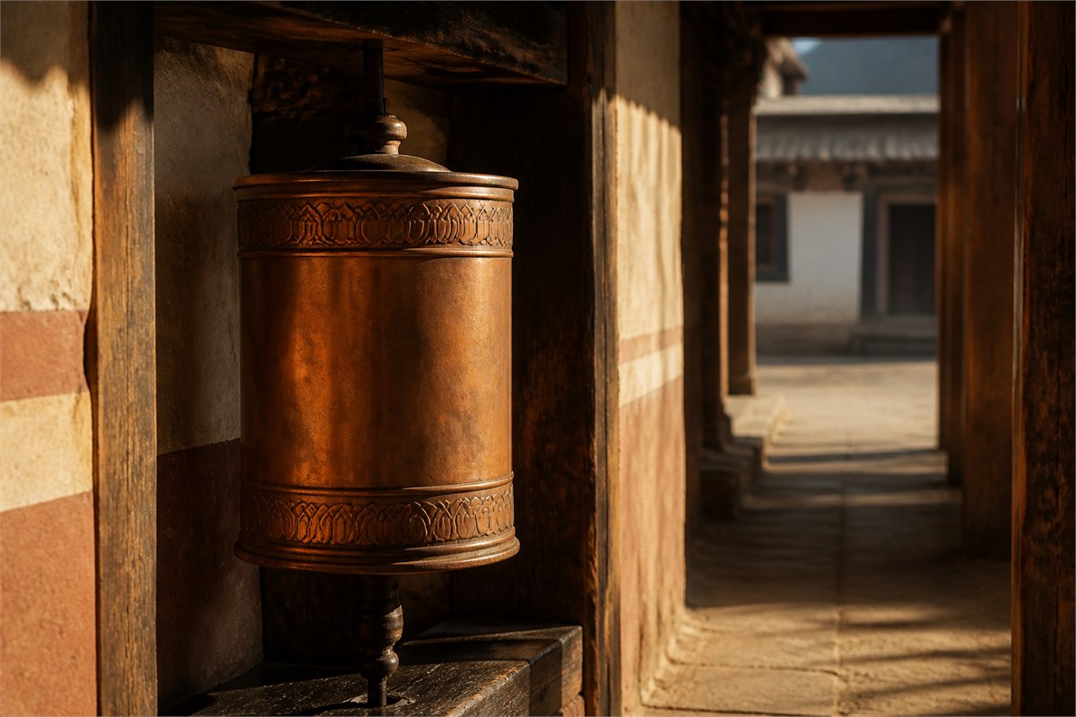 Single copper prayer wheel in warm light beside an open monastery path