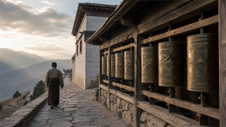 Adult walking quietly beside a row of brass prayer wheels at a Himalayan monastery