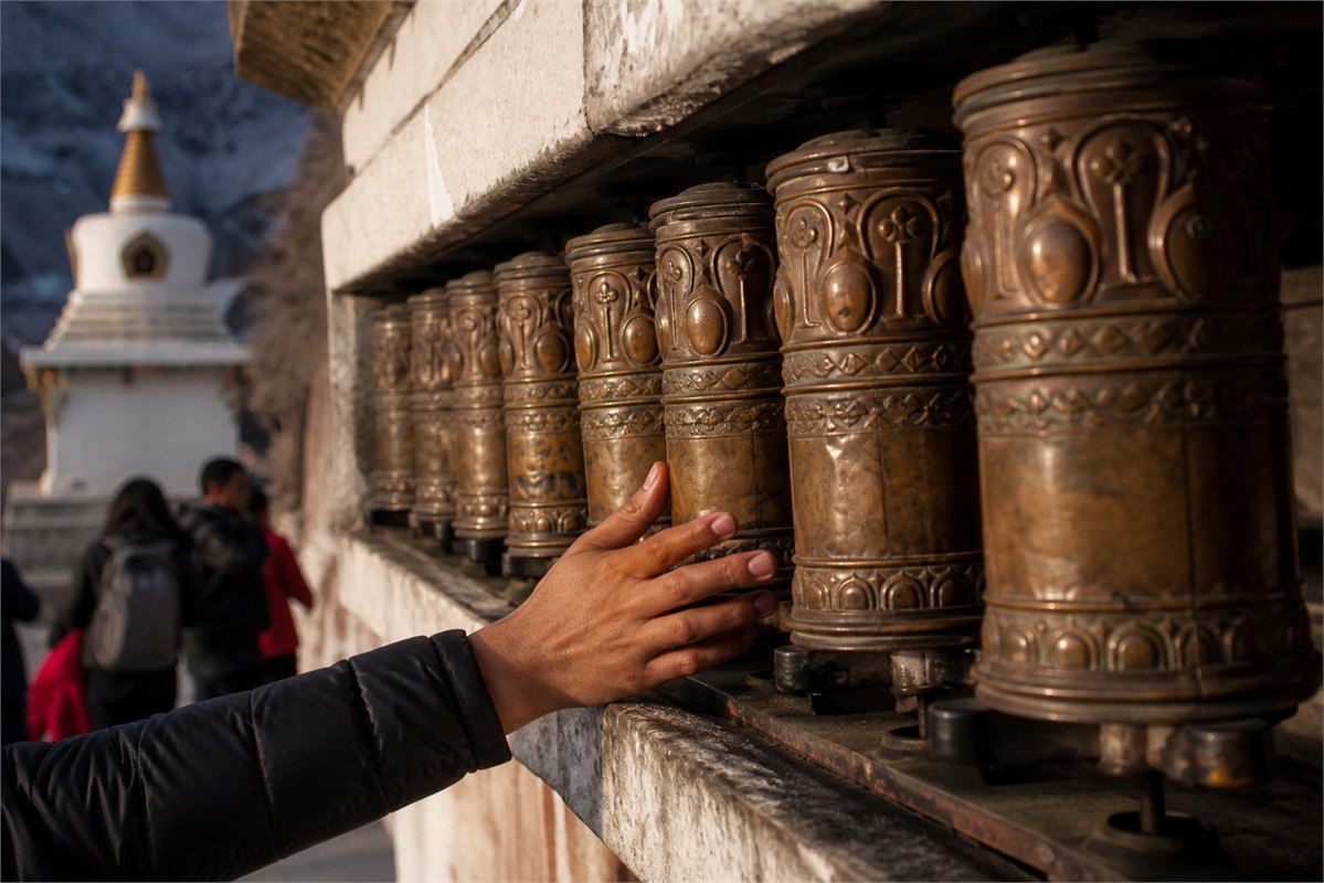 Hand gently turning a bronze prayer wheel along a Himalayan monastery walkway