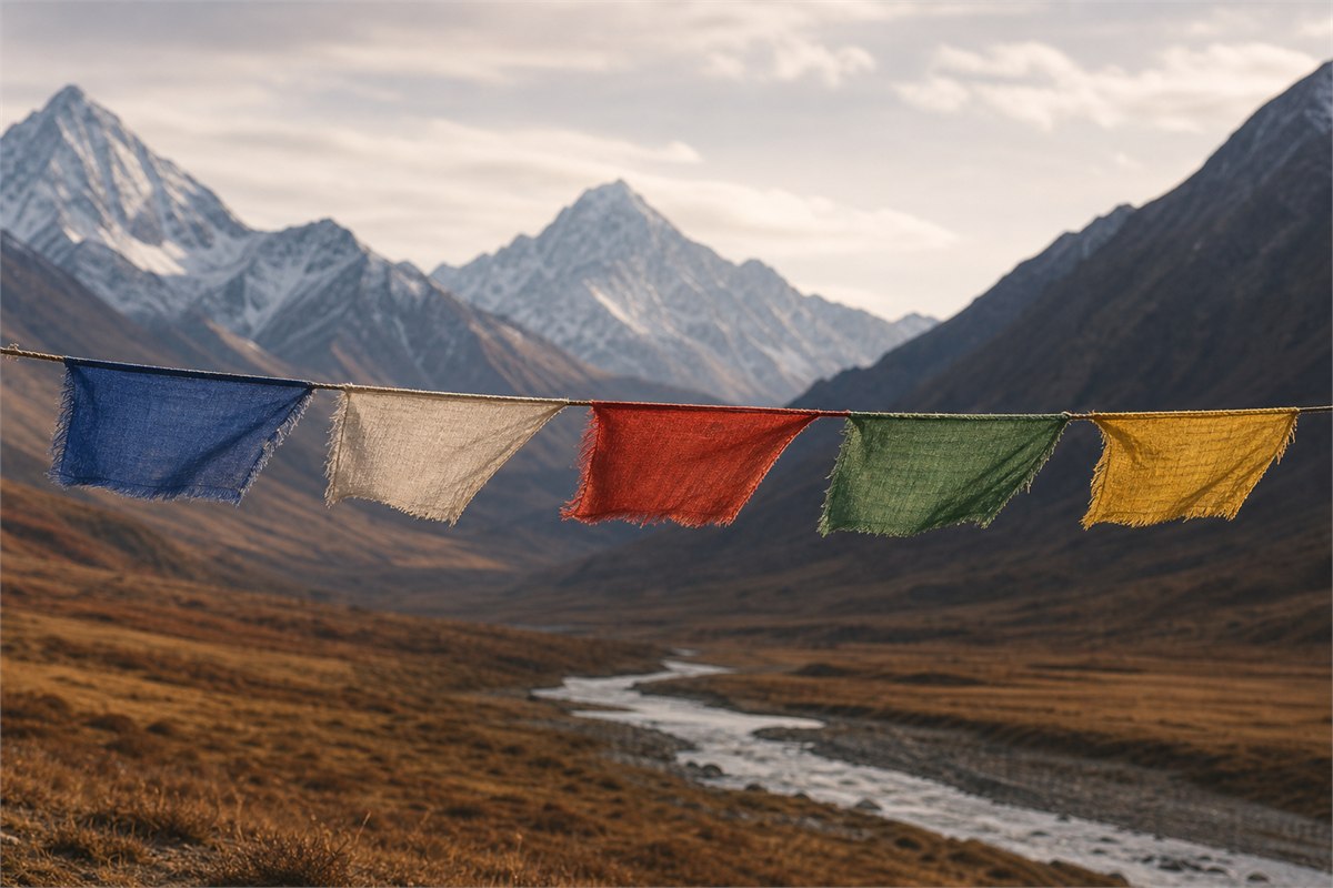 Five weathered cloth prayer flags moving above a highland valley and river