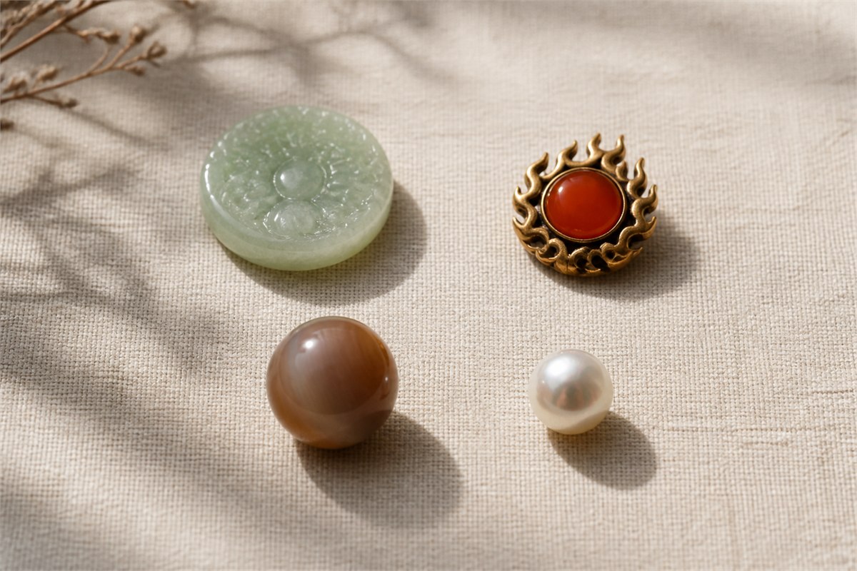 Jade disk, flame-edged red cabochon, brown stone bead, and cultured pearl arranged on linen