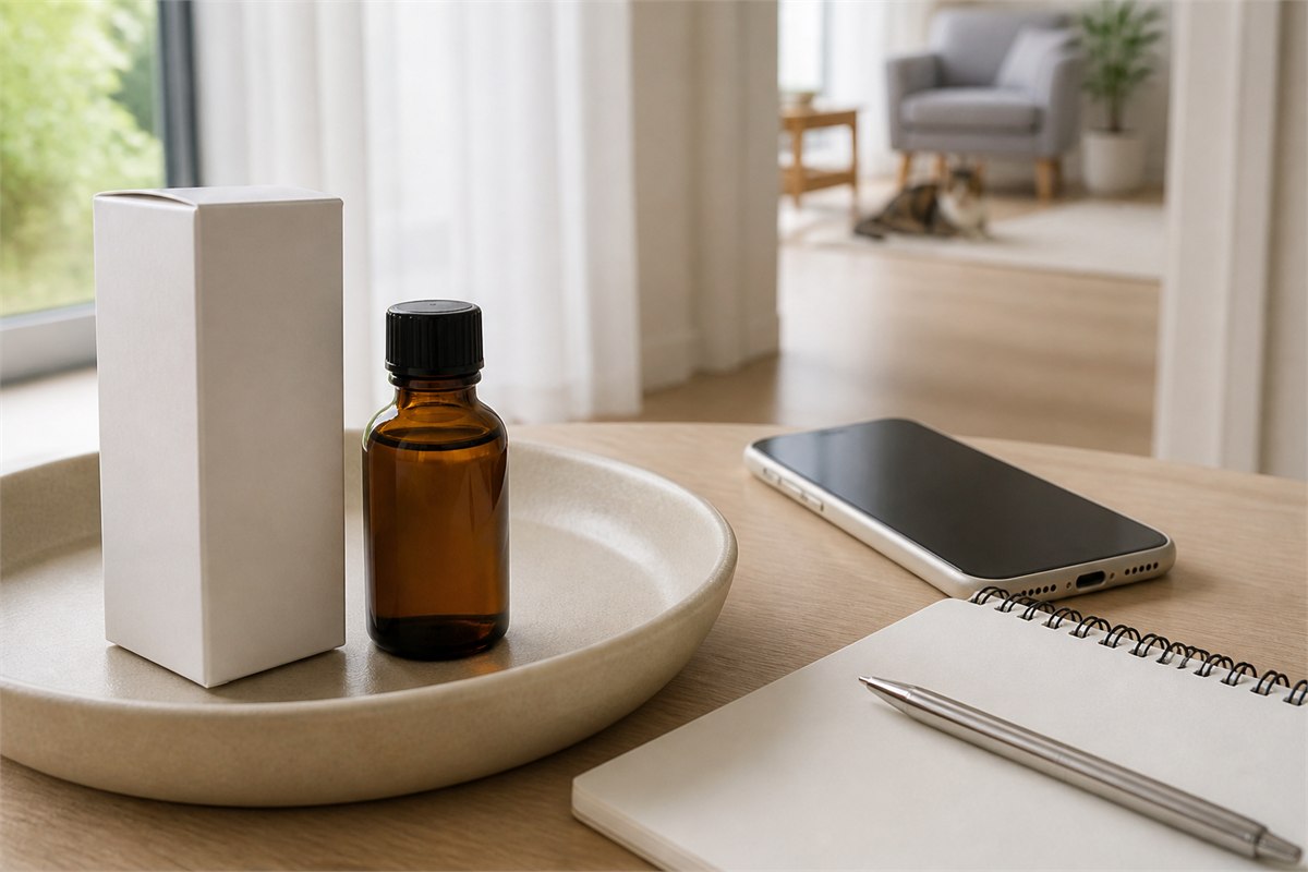 Capped amber bottle and plain package beside a phone and blank notepad with a cat in a distant room