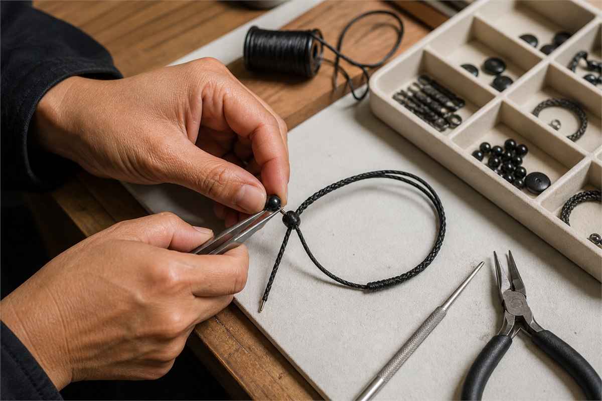 Jewelry professional using fine tools to restring a black cord bracelet at a tidy bench