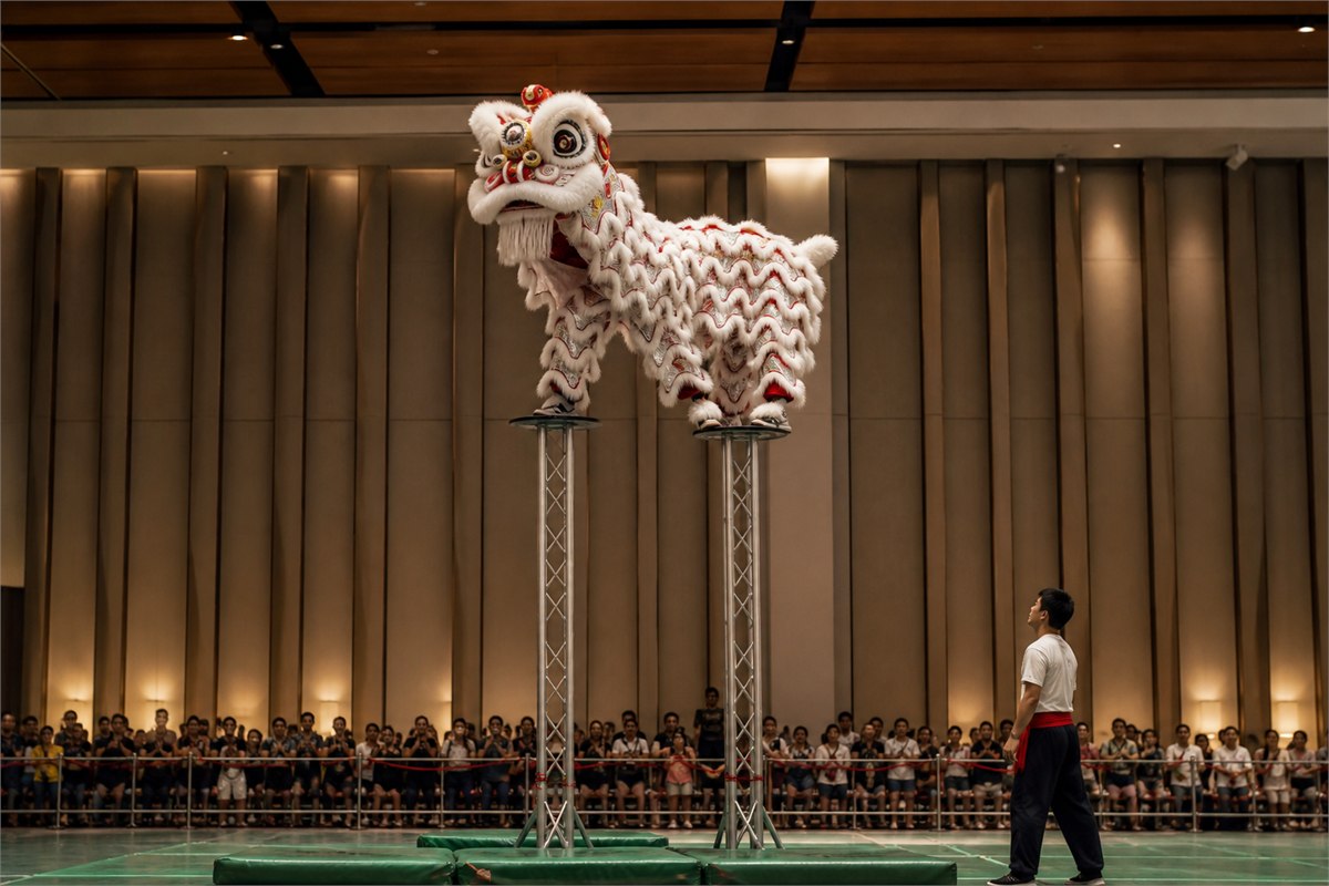Trained lion dance team performing on professional poles above safety mats with a spotter nearby