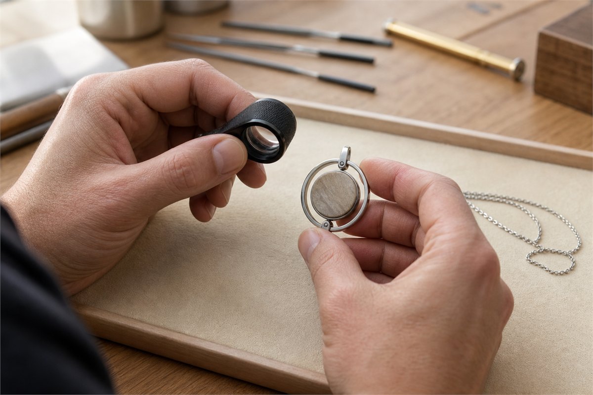 Jewelry professional examining a modern moving-center pendant with a loupe