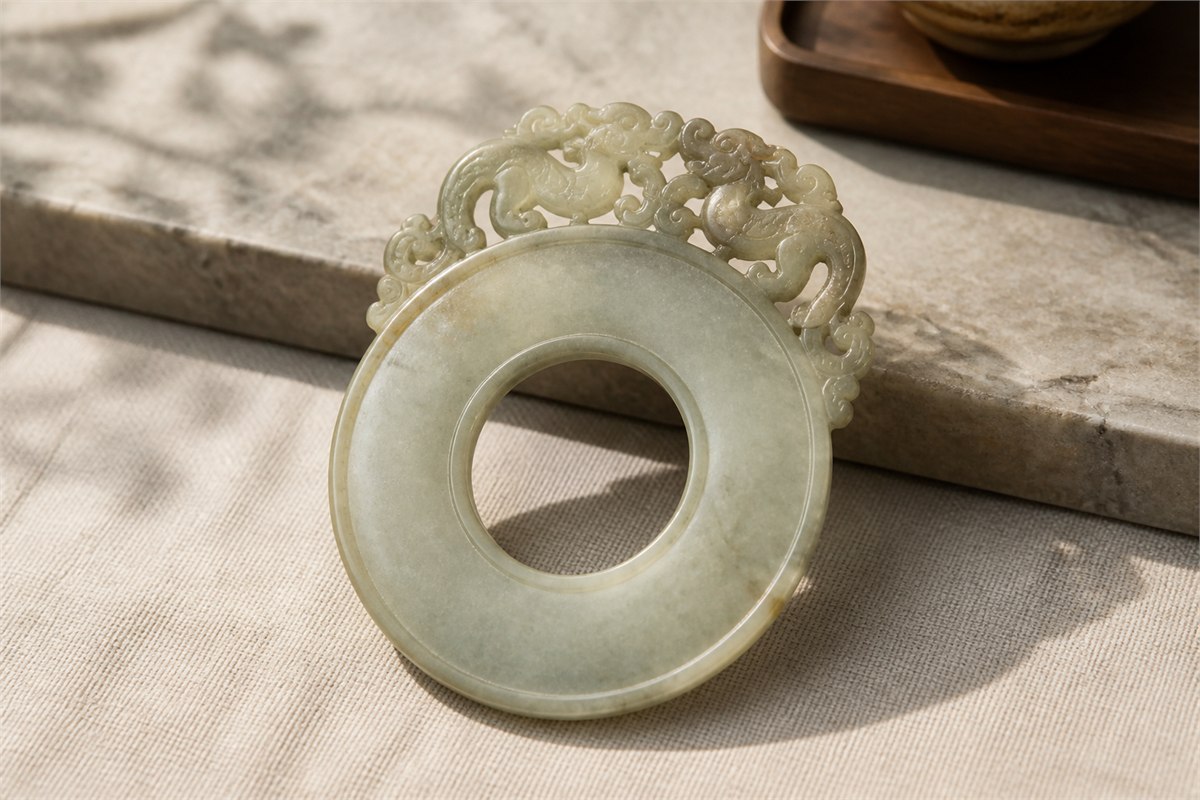 Modern pale jade bi reconstruction with a central opening and openwork animal-and-cloud crest