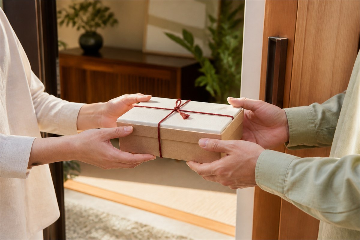 Two adults exchanging an ivory gift box tied with muted red cord at a warm home entrance