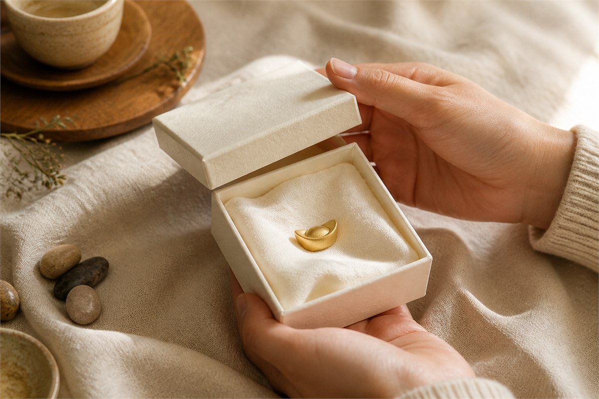 Hands presenting an ivory gift box with a small gold-colored ingot charm beside tea and linen