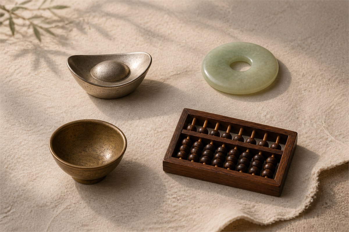 Plain sycee, pale jade disc, aged-brass bowl, and small wooden abacus arranged on cream linen