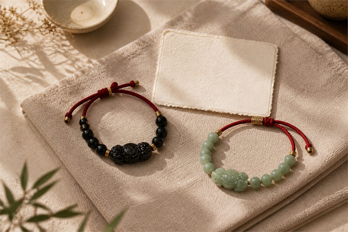 Black and pale green bracelets resting separately beside a blank gift card in morning light