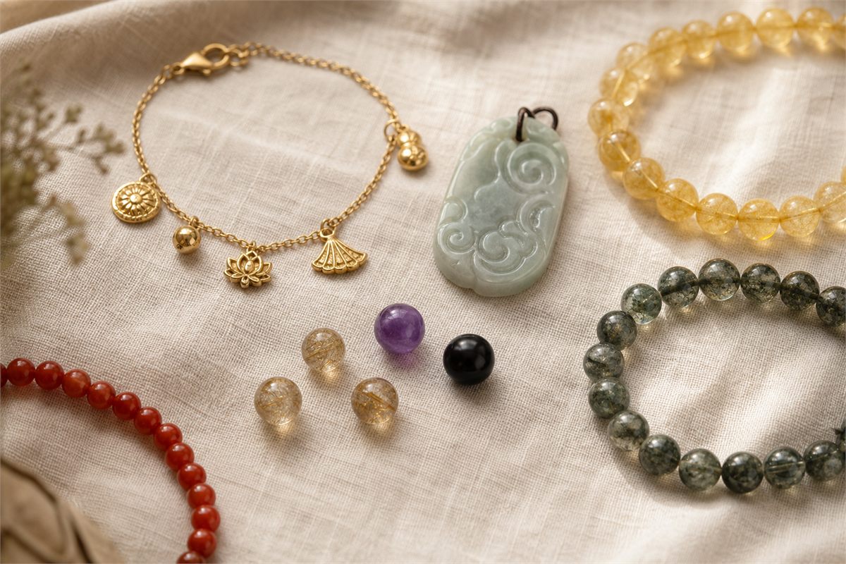 Gold charm bracelet, pale jade pendant, and yellow, green, purple, black, and red bead jewelry on ivory linen