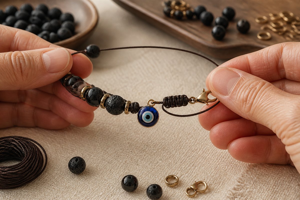 Close view of smooth bead holes, covered knot, charm loop, spacer, clasp, and secure cord on a bracelet.