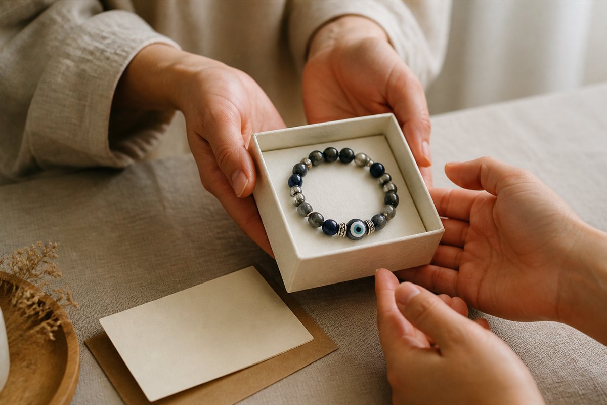 Two hands exchanging a small jewelry box holding a blue eye bracelet in warm daylight.