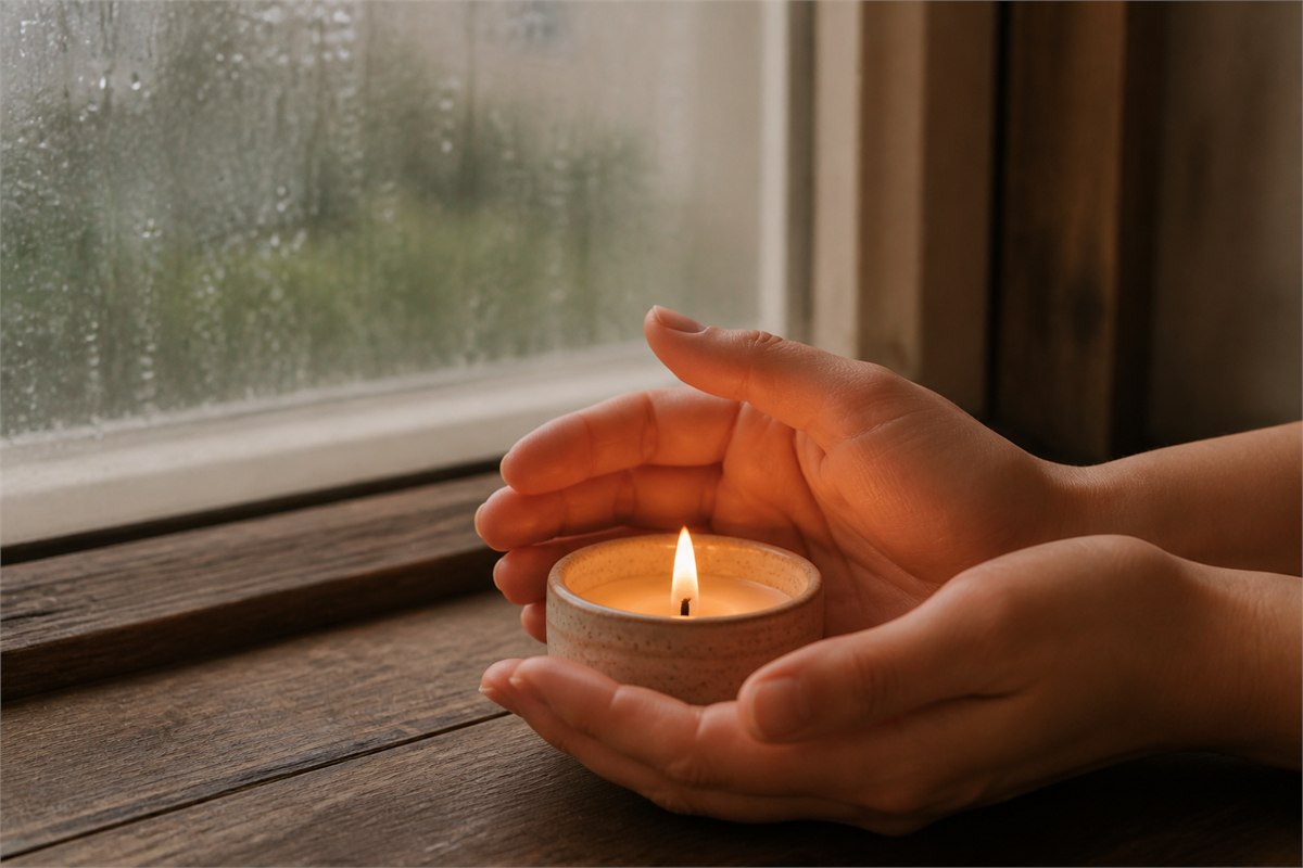 Two adult hands sheltering a candle beside a rain-covered window