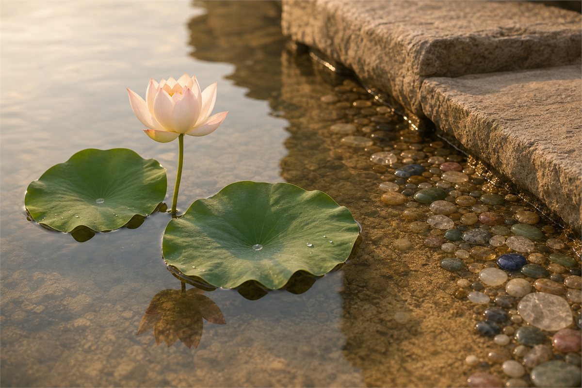 Pale lotus flower and two green leaves in clear water beside pale stone steps and softly colored inlaid stones